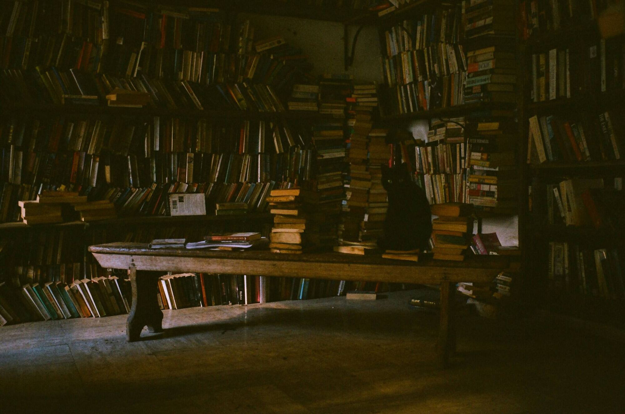 Sala de librería en penumbra, con mesas largas y baldas hasta el techo